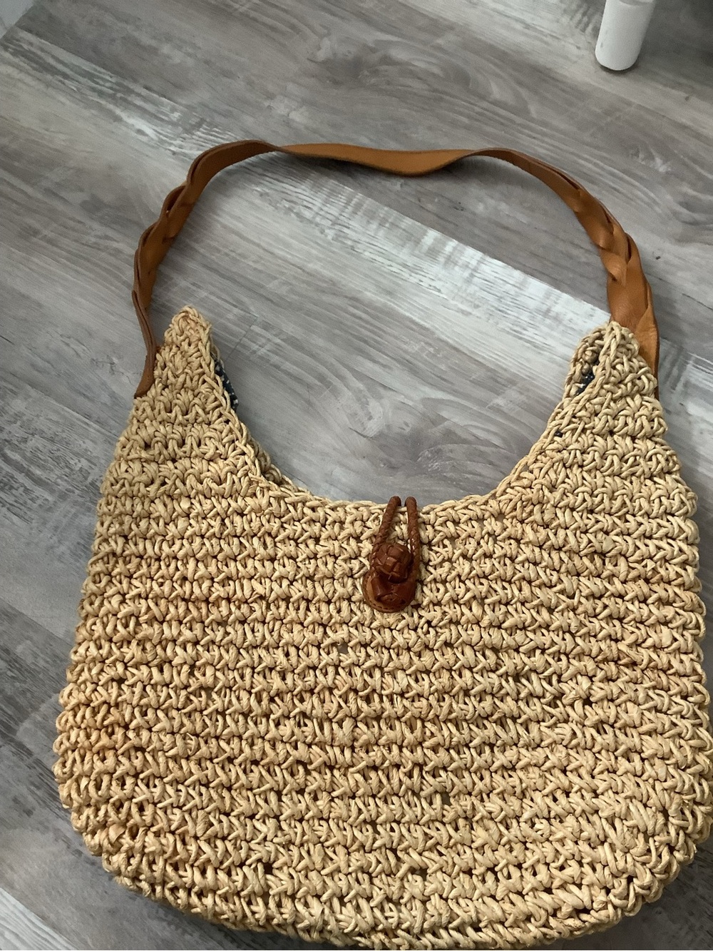 Eddie Bauer Natural Woven Straw Shoulder Bag with Tan Leather Strap